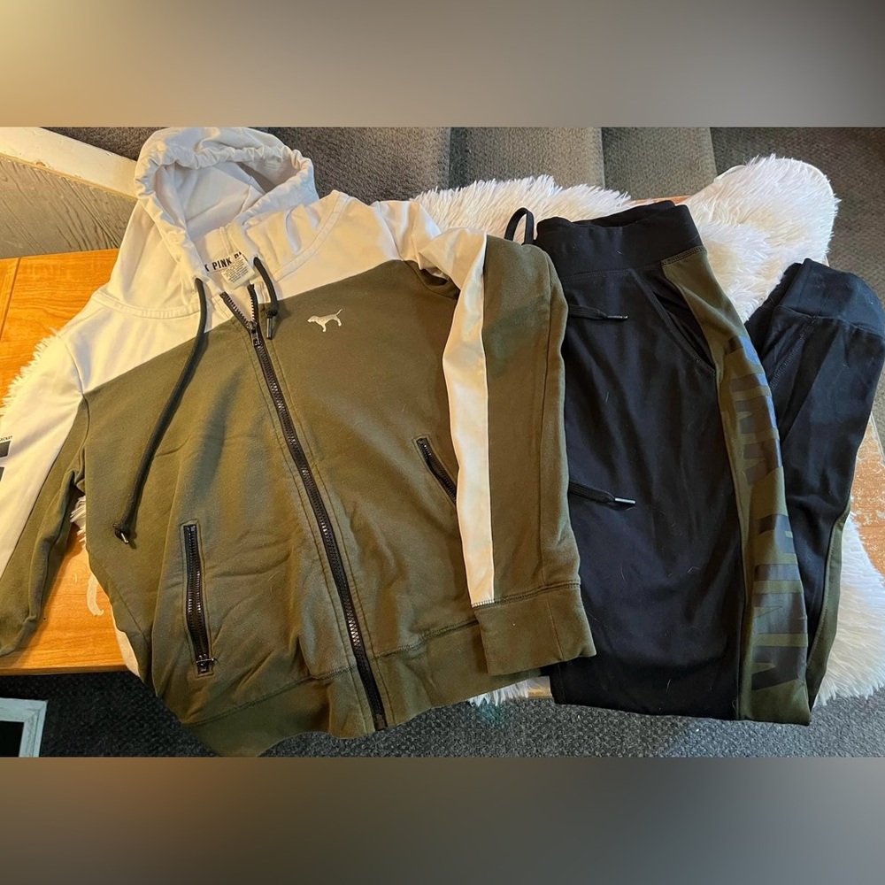 VICTORIAS SECRET PINK olive, black, white track suit pants small jacket medium